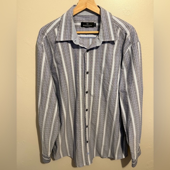 Bugatchi Men's Button Down Dress Shirt Cotton Blue White Striped Textured XL - Picture 3 of 14